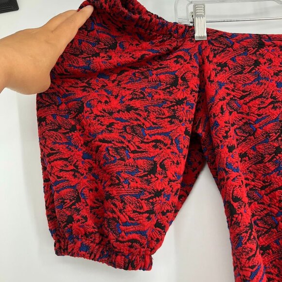 Free People red  & blue metallic Sunset puff sleeve cold shoulder mini dress L - Picture 9 of 16